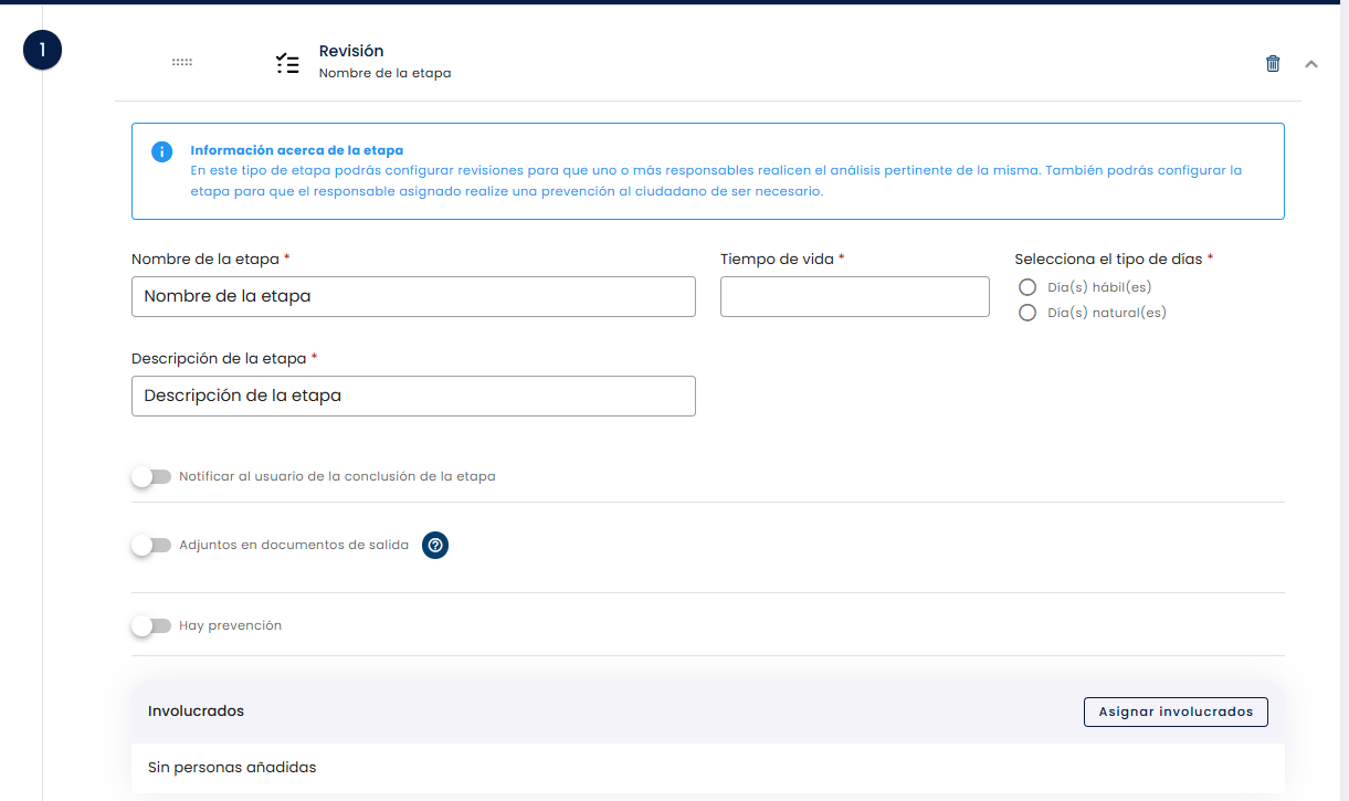 Panel de configuración de la etapa Revisión
