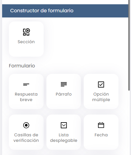 Vista completa del constructor de formulario con la columna izquierda mostrando tipos de preguntas y el lienzo central listo para drag-and-drop