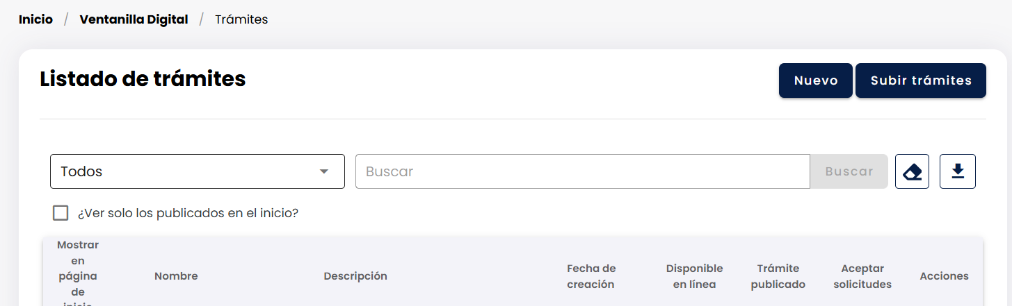 Vista del Listado de trámites con los botones "Nuevo" y "Subir trámites" en la esquina superior derecha