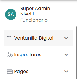 Vista del sidebar "Ventanilla Digital" expandido con la opción "Listado de trámites" seleccionada y la tabla central mostrando los trámites cargados