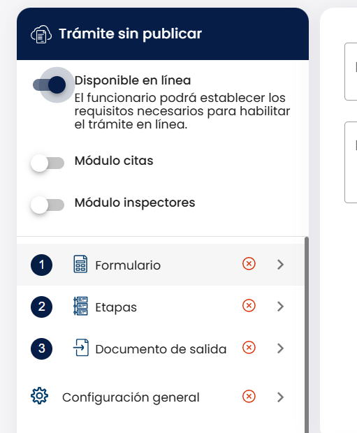 Panel izquierdo "Trámite sin publicar" con la opción "Disponible en línea" activada, mostrando las tres secciones numeradas del flujo (Formulario, Etapas, Documento de salida) y las opciones "Módulo citas" e "Módulo inspectores"