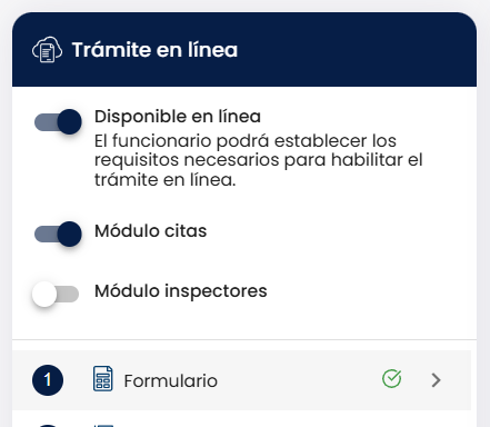 Pantalla inicial del trámite mostrando las tres secciones del flujo numeradas en el panel izquierdo (Formulario → Etapas → Documento de salida), con la sección "Formulario" marcada con el número 1 como punto de click