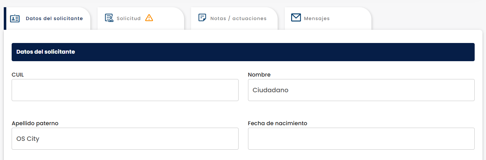 Vista de gestión del trámite con sus secciones