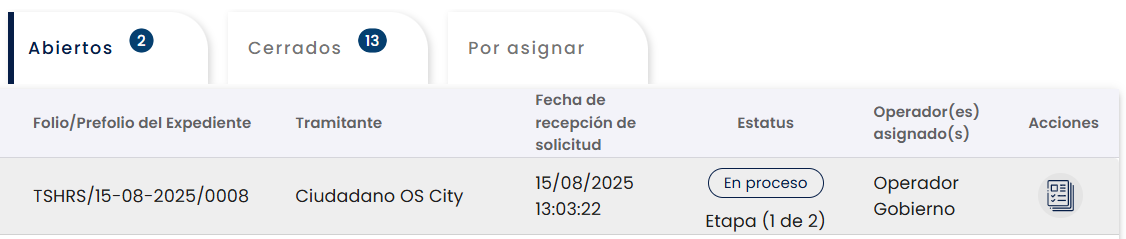 Listado de trámites pendientes con columna de acciones