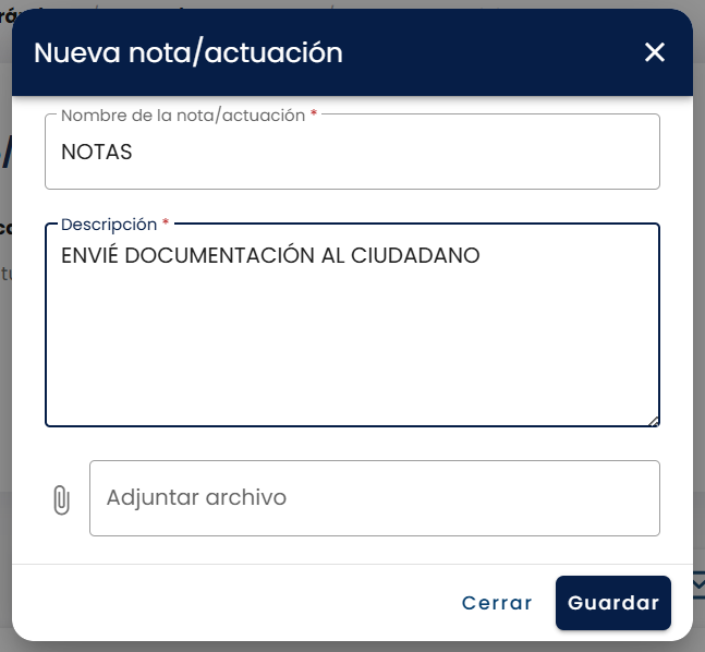 Ventana emergente para crear una nota
