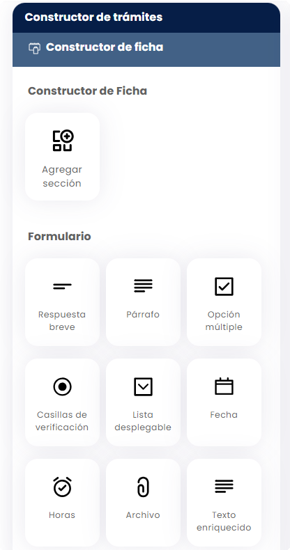 Columna izquierda con Constructor de Formulario de Ficha y Formulario