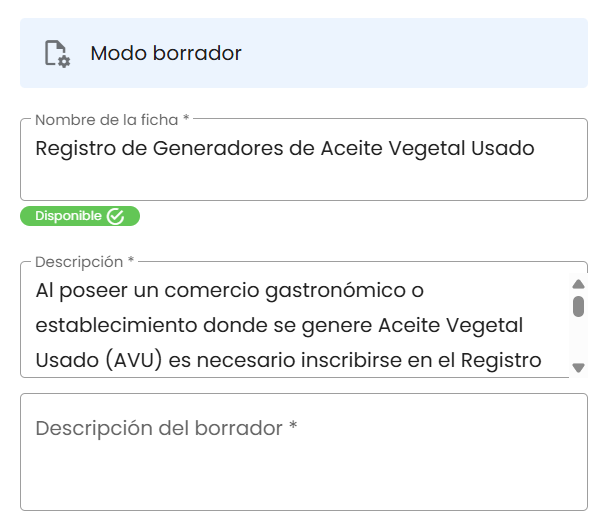 Modo borrador activo con banner, descripción del borrador y botones del panel