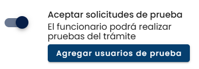 Opción Agregar usuarios de prueba visible bajo el interruptor activo