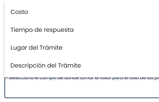 Selector del campo origen para el folio de pruebas
