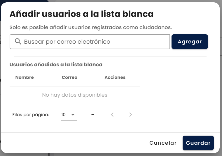 Ventana Añadir usuarios a la lista blanca con buscador y botón Agregar