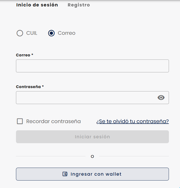 Botón Ingresar con wallet en la pantalla de login