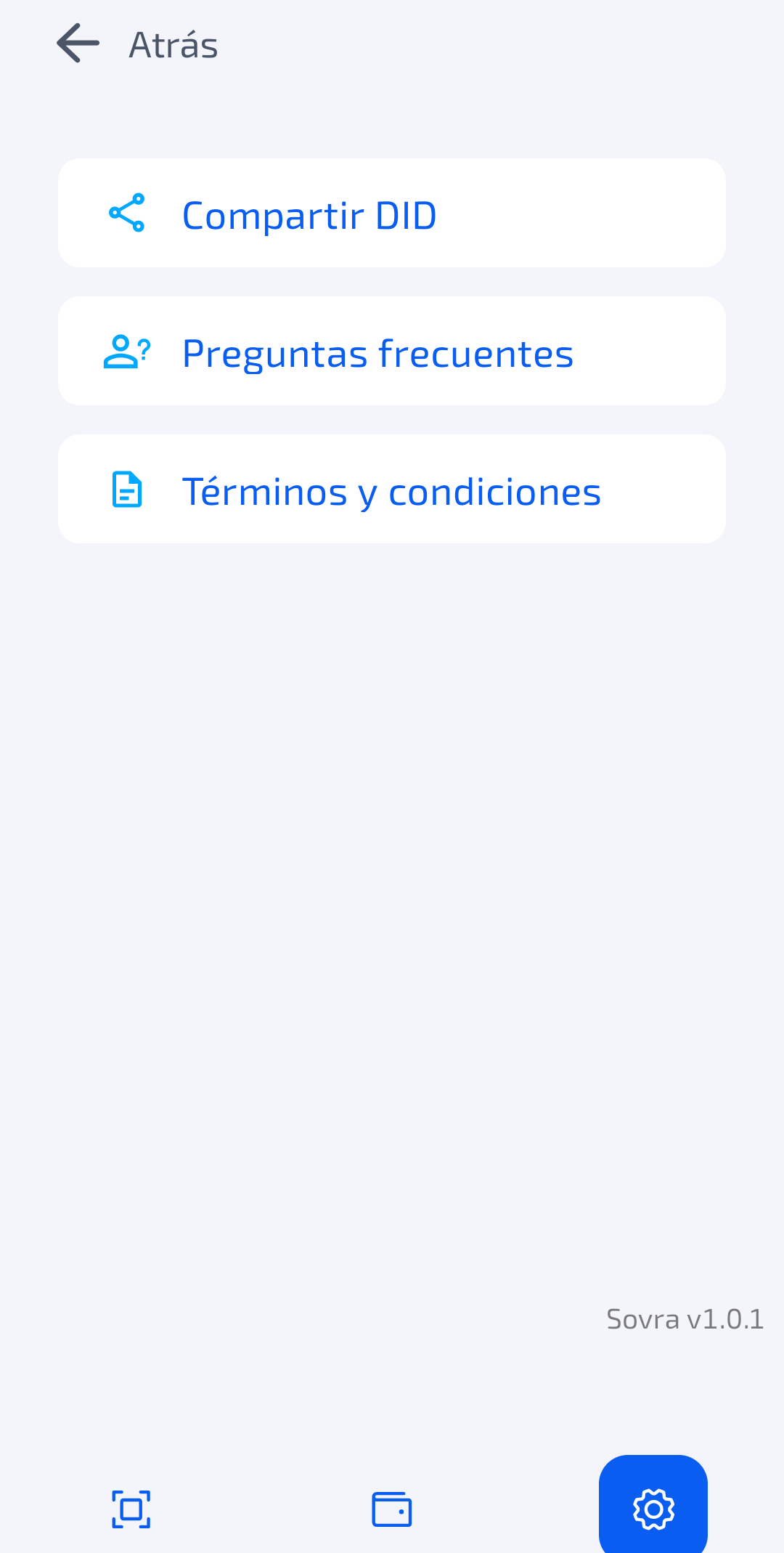 Pantalla de configuración de la wallet